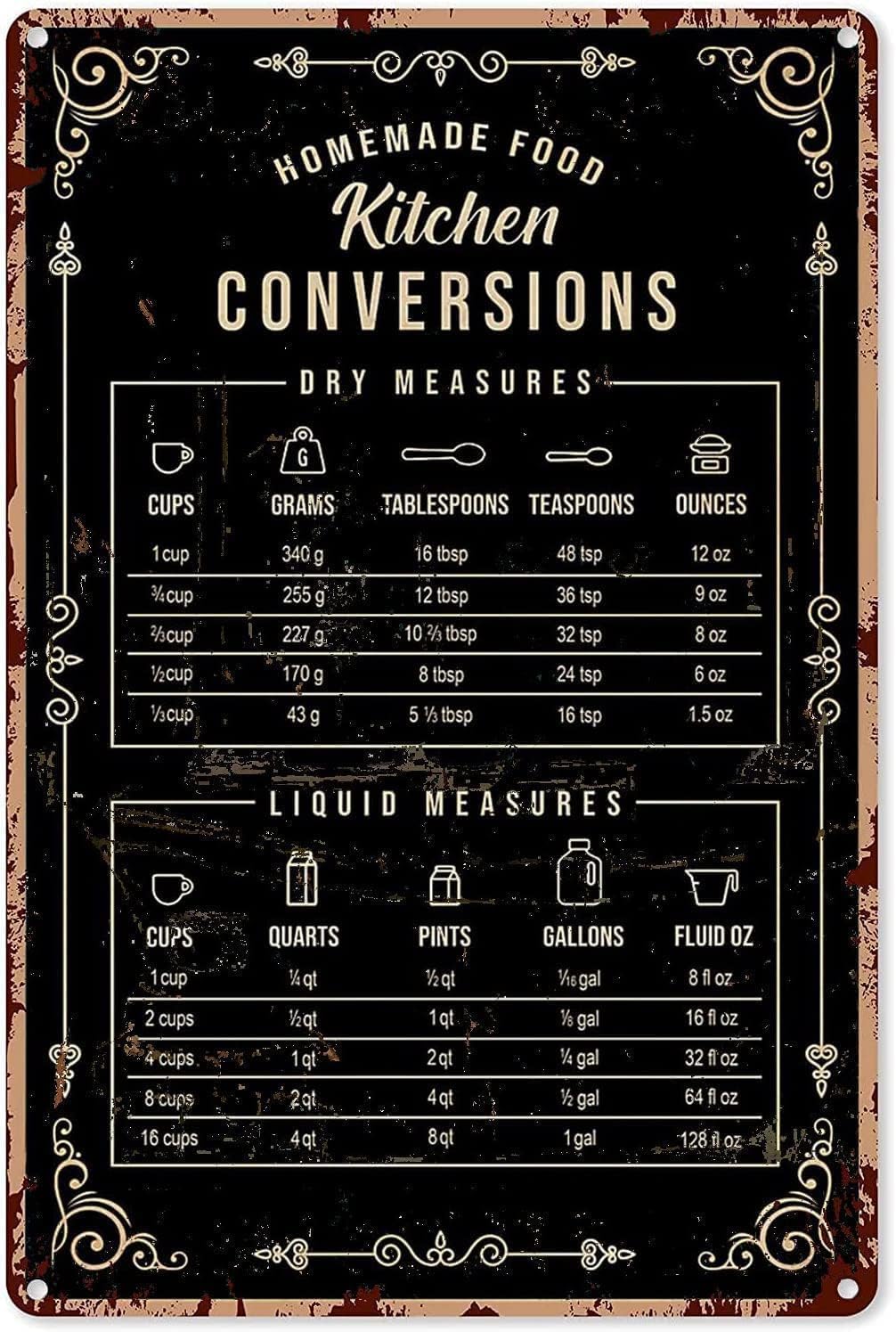 Kitchen Baking Conversion Chart - Rustic Tin Decor Baking Signs Wall